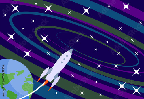 A rocket takes off from a planet against the backdrop of a galaxy. Vector