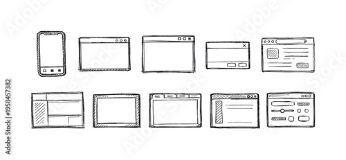 Collection of hand-drawn digital interface elements and browser windows