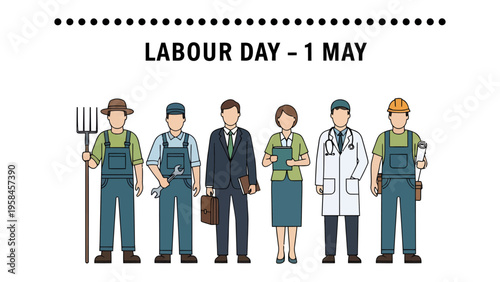 Celebrating Labour Day: A diverse group of workers, each representing a different profession, stands united to honor Labour Day on the 1st of May.