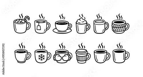 Collection of cozy hot beverage cups with steam, perfect for winter and holidays