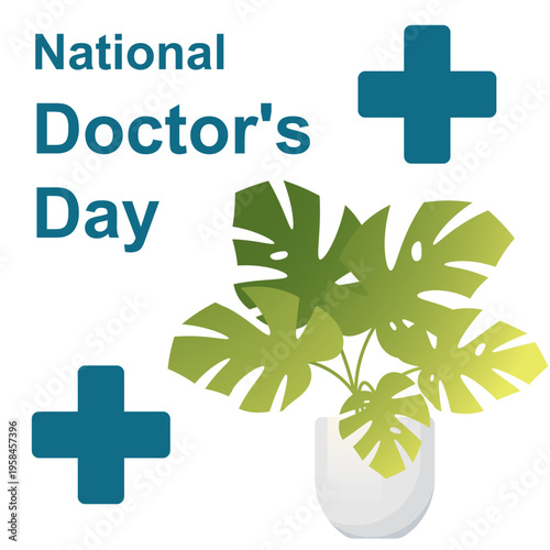 National Doctor's Day. Monstera in a white pot and a medicinal cross. Medical design. Vector