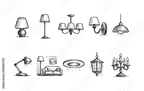 Collection of hand-drawn lighting fixtures in sketch style for interior design