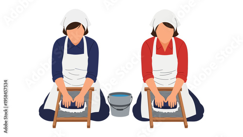 Vintage Washerwomen: Two washerwomen, attired in traditional attire, are diligently focused on washing clothes in an era gone by, a scene of nostalgia.