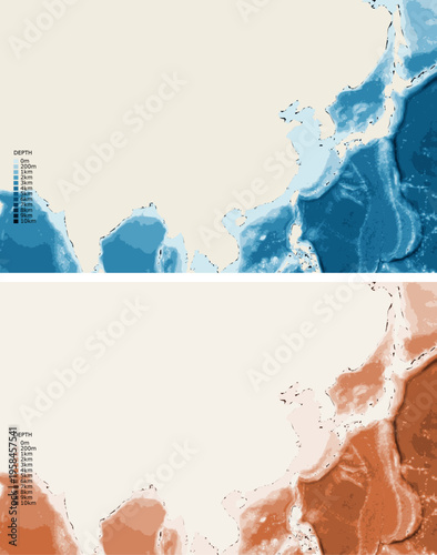 China Full Bathymetric Ocean Depth Map - Mercator Projection - Scalable Multi-Color Seafloor Relief Topography with Depth Legend Showing Continental Shelves Mid-Ocean Ridges and Abyssal Plains