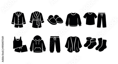 Collection of cozy homewear and sleepwear icons in simple black silhouette style