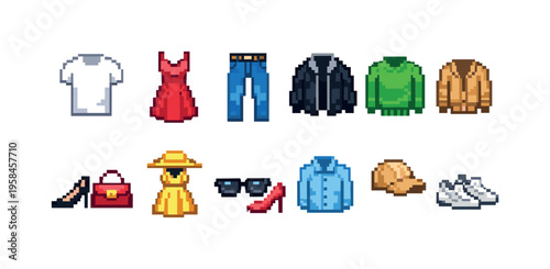 Pixel art collection of clothing and accessories for fashion and style