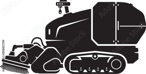Black, industrial street sweeper, road cleaning vehicle, urban maintenance truck, heavy equipment