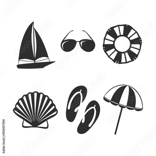Set of 6 beach icons vector, black and white