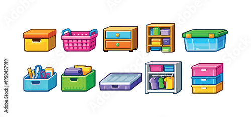 Pixel art collection of colorful storage containers and furniture for organization