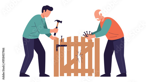 Building a Bridge: Two figures, one young and one elder, collaborate to repair a wooden gate, symbolizing the strength of intergenerational connections.