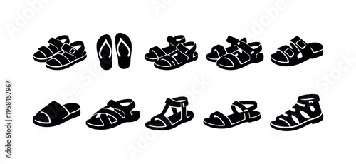 Collection of black sandal and flip-flop icons on a white background