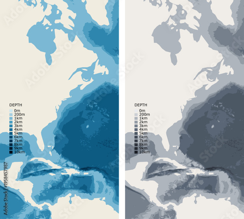 East Coast Usa Bathymetric Ocean Depth Map - Transverse Mercator Projection - Scalable Multi-Color Seafloor Relief Topography with Depth Legend Showing Continental Shelves Mid-Ocean Ridges and