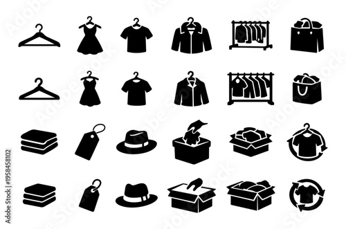Secondhand Shop Icons Set, Thrift Store Clothing Resale, Donation and Vintage Retail Silhouettes