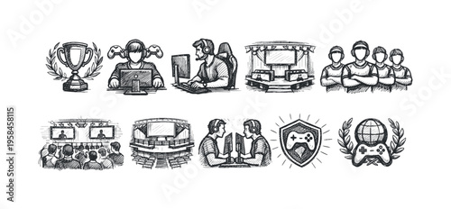Collection of hand-drawn sketches representing esports and gaming culture elements