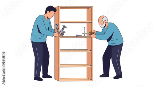 Assembly of wooden shelf: Two individuals collaborate to construct a wooden shelf, meticulously assembling its components with tools, embodying teamwork and the process of building