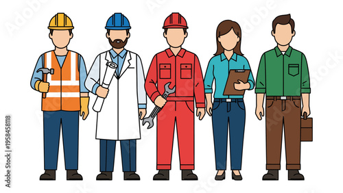 Unified Professions: A diverse group of skilled professionals, each in their unique work attire, stand shoulder-to-shoulder, showcasing the breadth of expertise within a collective setting.