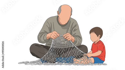 Generational Craftsmanship: An elder guides a young one, mending a fishing net together. This heart warming scene shows the value of tradition, wisdom, and the passing on of artisanal skills.
