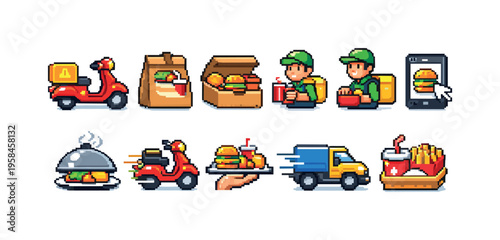 Pixel art icons depicting various food delivery services and items