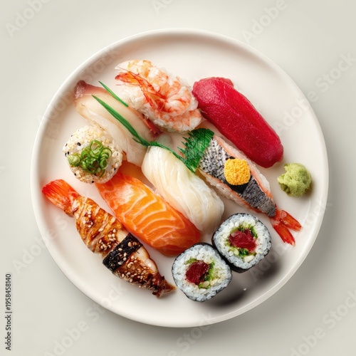A close-up, overhead shot of a diverse selection of sushi pieces elegantly arranged on a circular white plate. The sushi showcases a variety of fresh ingredients
