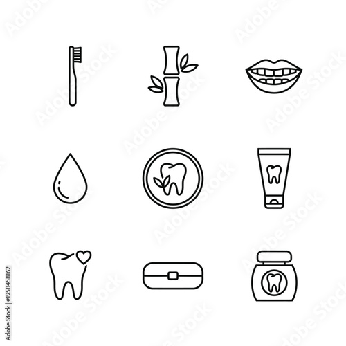 Set of Dental Care Icons Representing Oral Hygiene and Health.
