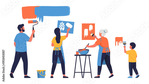 Family Home Improvement: A family engages in a collaborative painting project, each member contributing to the transformation of their living space with joy and unity.