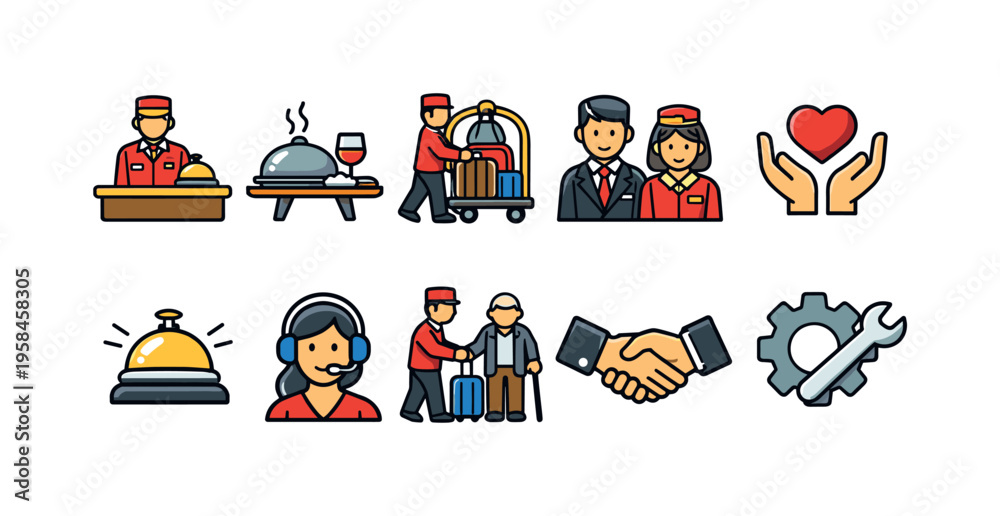 Fototapeta premium Hotel service icons: reception, dining, bellhop, staff, and support