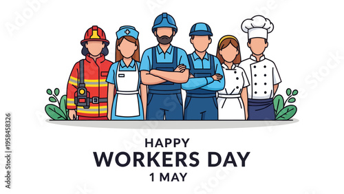 Celebrating Labor: A diverse group of essential workers stand united, symbolizing the hard work and dedication of laborers worldwide. Dedicated to the unsung heroes of our world.