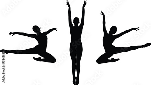 Ballet dancer silhouettes collection, graceful female dance poses, black and white vector illustration, isolated performance art movement design set