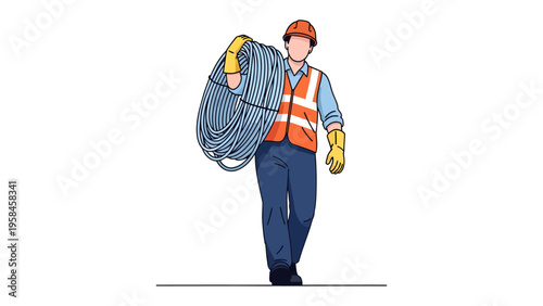 Electrical Contractor in Action: A determined electrical contractor strides forward, shouldering a coiled cable. Embracing this embodies the essence of a reliable, professional, and efficient expert.