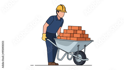 Builder with Wheelbarrow Carrying Bricks: An illustration depicts a builder diligently maneuvering a wheelbarrow laden with bricks, representing manual labor and construction. 