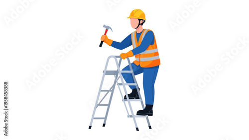 Construction Worker on Ladder: An illustration of a diligent construction worker is ascending a metal ladder, wielding a hammer, focused on his task, representing industry and the construction work.