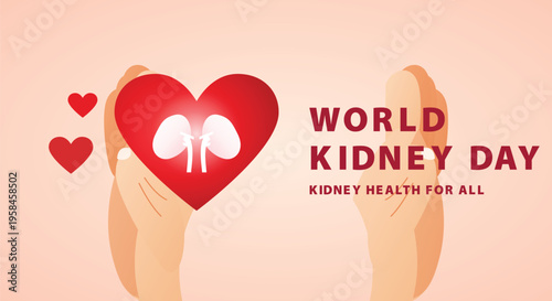 World Kidney Day horizontal banner featuring a red heart and kidney silhouette held by caring hands to promote global kidney health