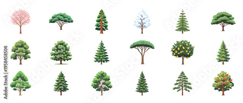 Tree icons collection featuring oak maple pine palm willow and evergreen forest plants decorative botanical outline line editable stroke nature set.