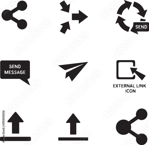 Kinds of block silhouette Share icon set. Arrow symbol, Reply send forward icons button. Send message icon. External Link Icon. Upload icon. Connection symbol - network sharing icon on without Backgro