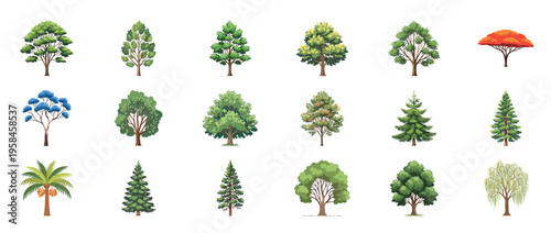 Tree icons collection featuring oak maple pine palm willow and evergreen forest plants decorative botanical outline line editable stroke nature set.