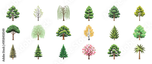 Tree icons collection featuring oak maple pine palm willow and evergreen forest plants decorative botanical outline line editable stroke nature set.