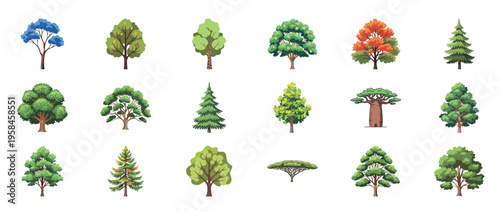 Tree icons collection featuring oak maple pine palm willow and evergreen forest plants decorative botanical outline line editable stroke nature set.