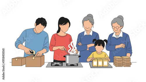Family Time: A multigenerational family working together on various activities. The image represents the bond and togetherness of a family unit, doing different tasks in the kitchen. 