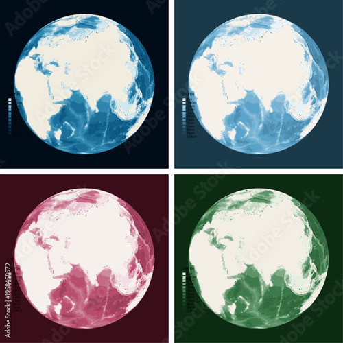 Eastern Hemisphere Bathymetric Ocean Depth Map - Orthographic Projection - Scalable Multi-Color Seafloor Relief Topography with Depth Legend Showing Continental Shelves Mid-Ocean Ridges and Abyssal