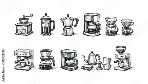Collection of hand-drawn coffee brewing tools and machines for making delicious beverages