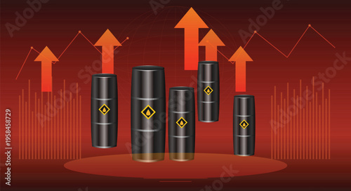 Financial infographic showing black oil barrels with increasing red arrows and stock market line charts representing rising global fuel prices
