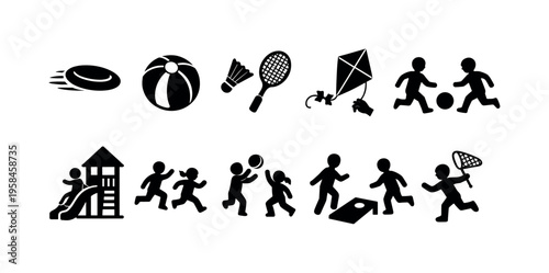 Collection of simple black icons depicting various outdoor games and activities for children