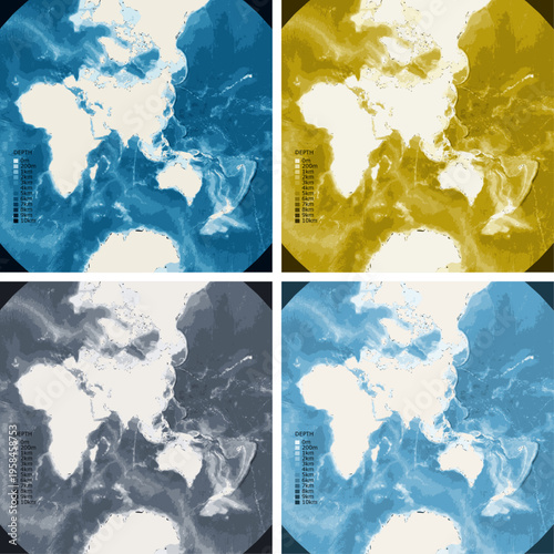 Eastern Hemisphere Bathymetric Ocean Depth Map - Stereographic Projection - Scalable Multi-Color Seafloor Relief Topography with Depth Legend Showing Continental Shelves Mid-Ocean Ridges and Abyssal