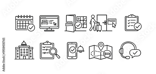 Collection of icons representing travel booking and service confirmation