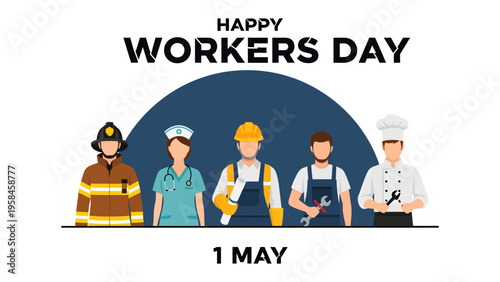 Happy Workers Day: A diverse group of essential workers stand united, celebrating the essence of labor, a symbol of dedication and the strength of the community.