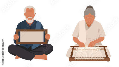 Artisans at Work: An elderly man and woman demonstrate traditional craft skills. The man sits cross-legged while holding a wooden frame, and the woman, seated at a loom, weaving threads.