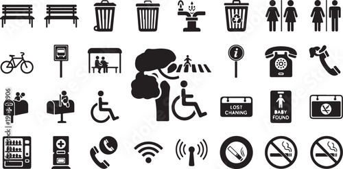 Black icons, public facilities, symbols, signs, pictograms, 25 elements, vector graphics