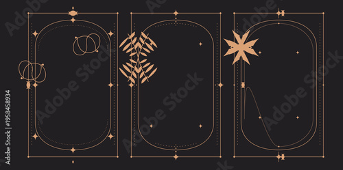 Elegant vintage tarot card frames with mystic celestial symbols and floral ornaments on a dark background for occult and astrology