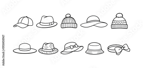 Collection of diverse hand-drawn hat icons for fashion and style