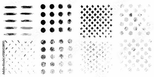 Collection of diverse black and gray abstract brushstroke and dot patterns